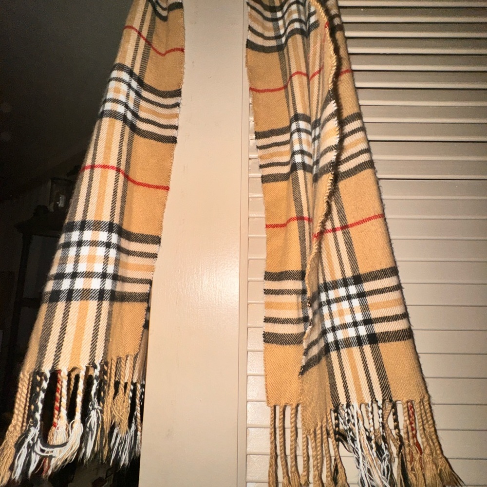 Tan Black Plaid Print Cashmere Scarf with Fringe Tassels